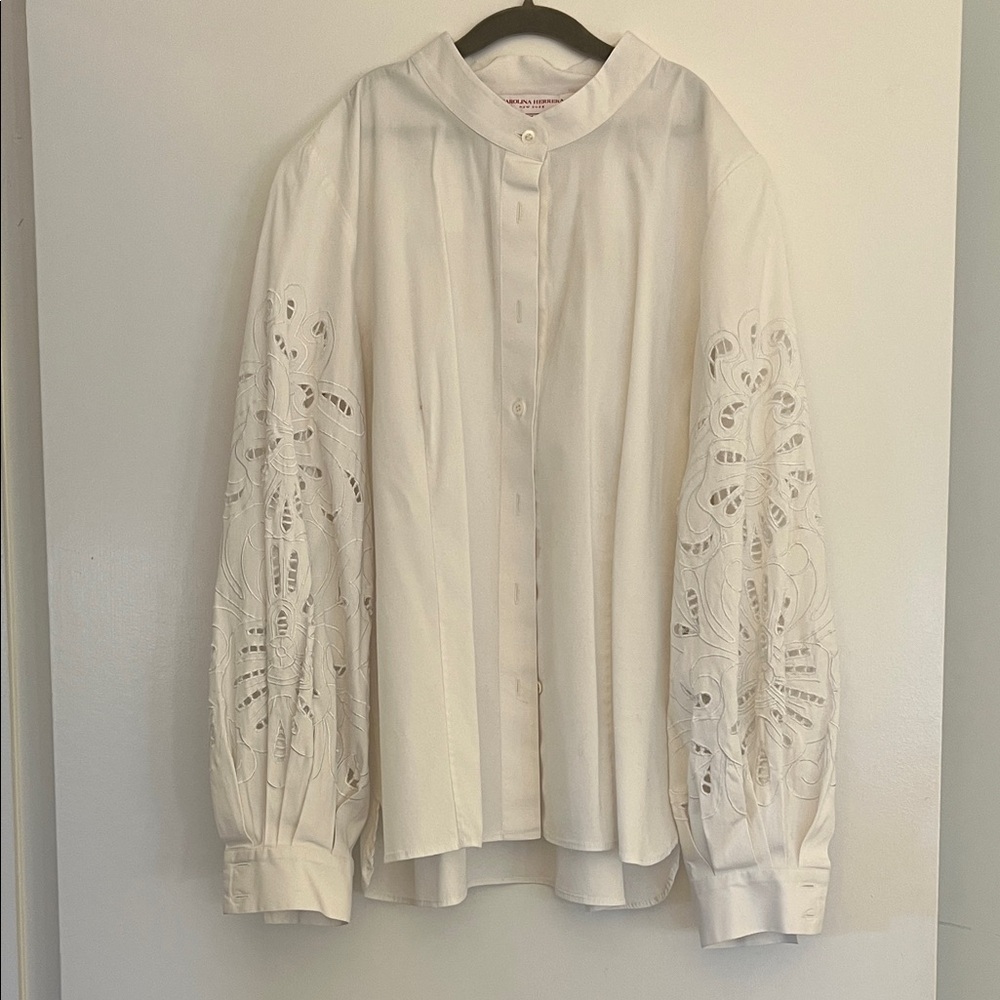 Carolina Herrera White Eyelet Embroidered Balloon Sleeve Blouse